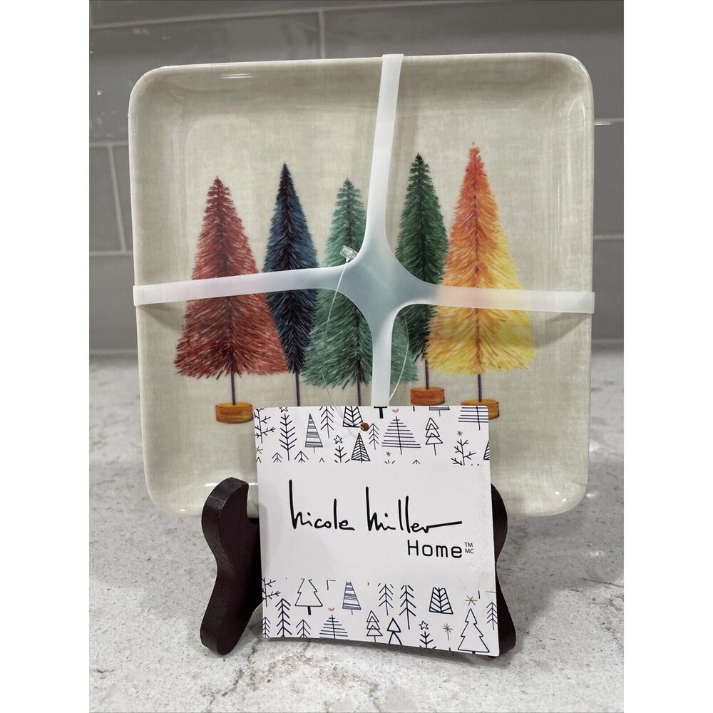 Set 4 Nicole Miller BOTTLE BRUSH Christmas Tree Melamine 5.75” Appetizer Plates
